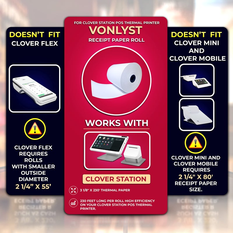 Vonlyst Thermal Receipt Paper Rolls 3 1/8" x 230' for Clover Station (06 rolls) - Image 2